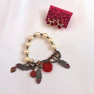 Betsey Johnson bracelet and earring, pearls roses, rhinestones, feathers